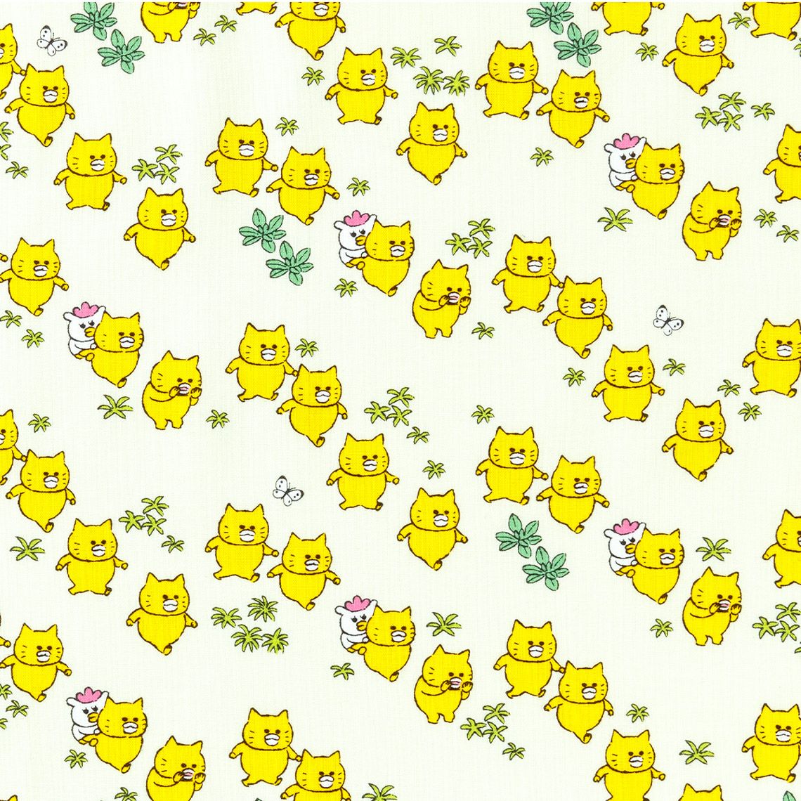 ノラネコぐんだん シーチング生地ノラネコさんぽ うすきいろ｜手作り